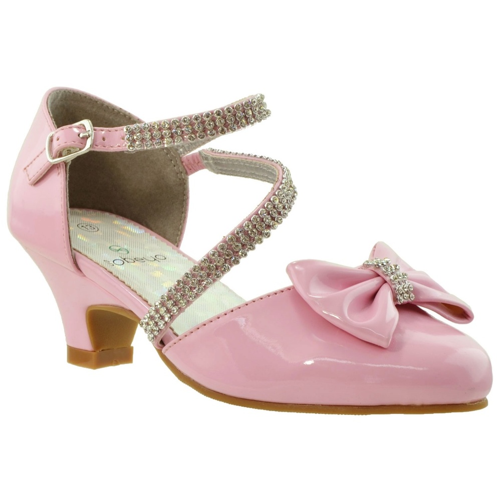 Pink Rhinestone Strap Bow Low Heel
